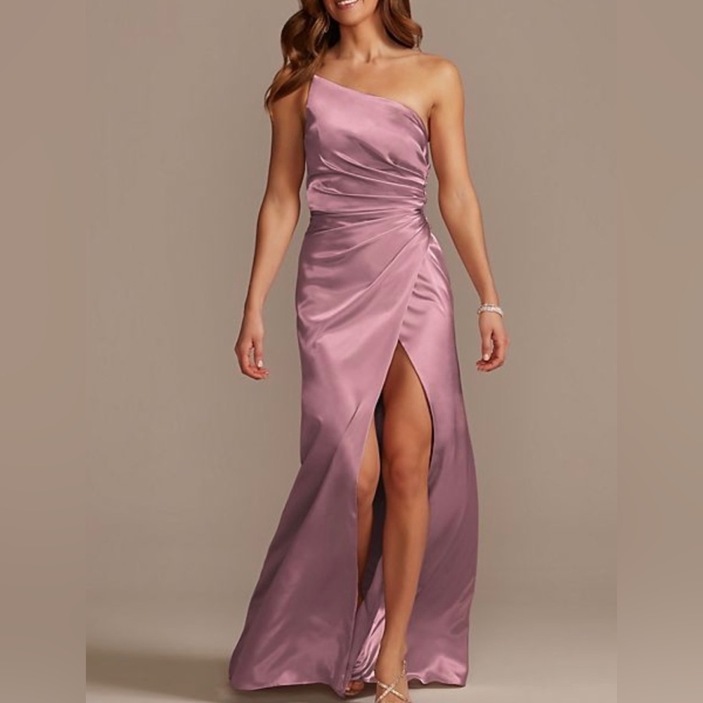 David’s Bridal Galina Signature charmeuse draped one-shoulder dress